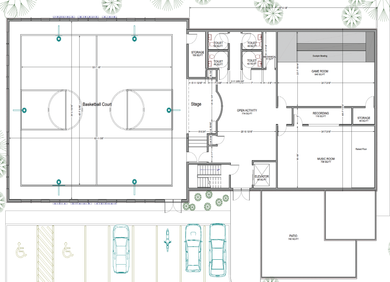 
First-floor plan: game room, e-sports arena, gym, and stage