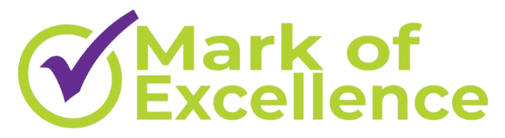Mark of Excellence logo with a purple check mark in a green circle. Green text 