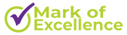 Mark of Excellence logo with a purple check mark in a green circle. Green text 