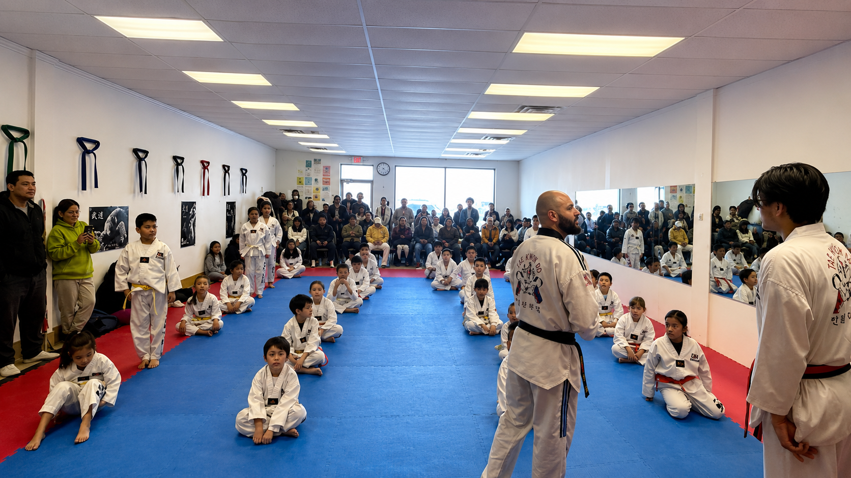 Two children in black and white martial arts uniforms practice a chokehold on a mat. One child smiles.
