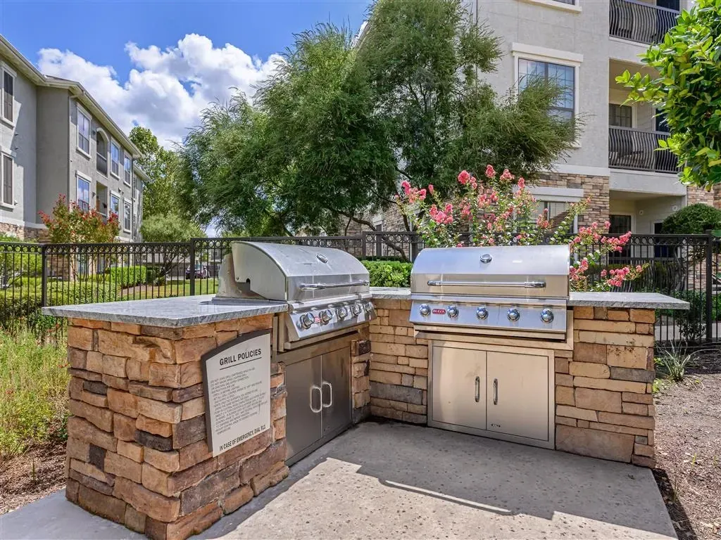Outdoor built-in grills and cooking area with stone accents.