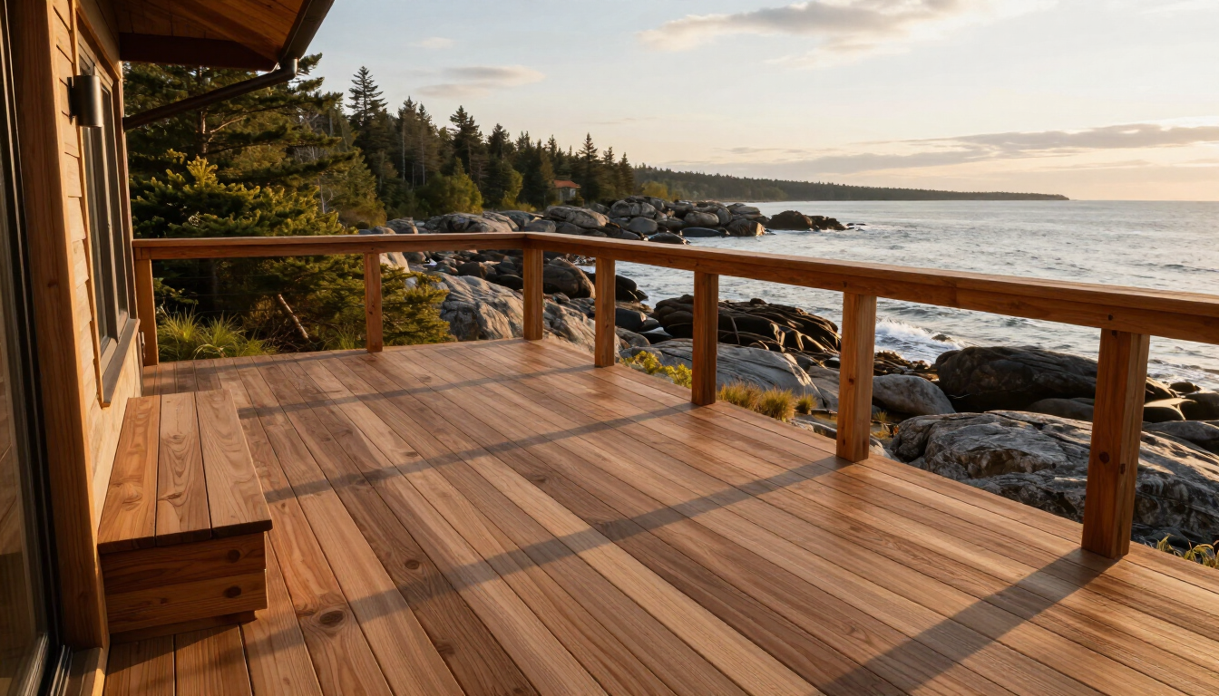 A beautiful custom-built deck in Midcoast Maine overlooking the ocean.