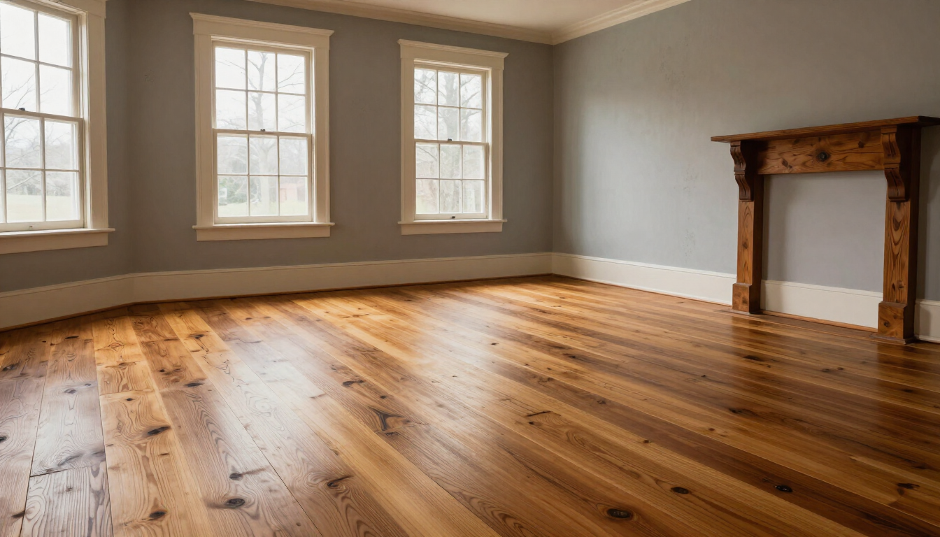 Beautiful wide plank hardwood flooring in a historic Maine home interior.