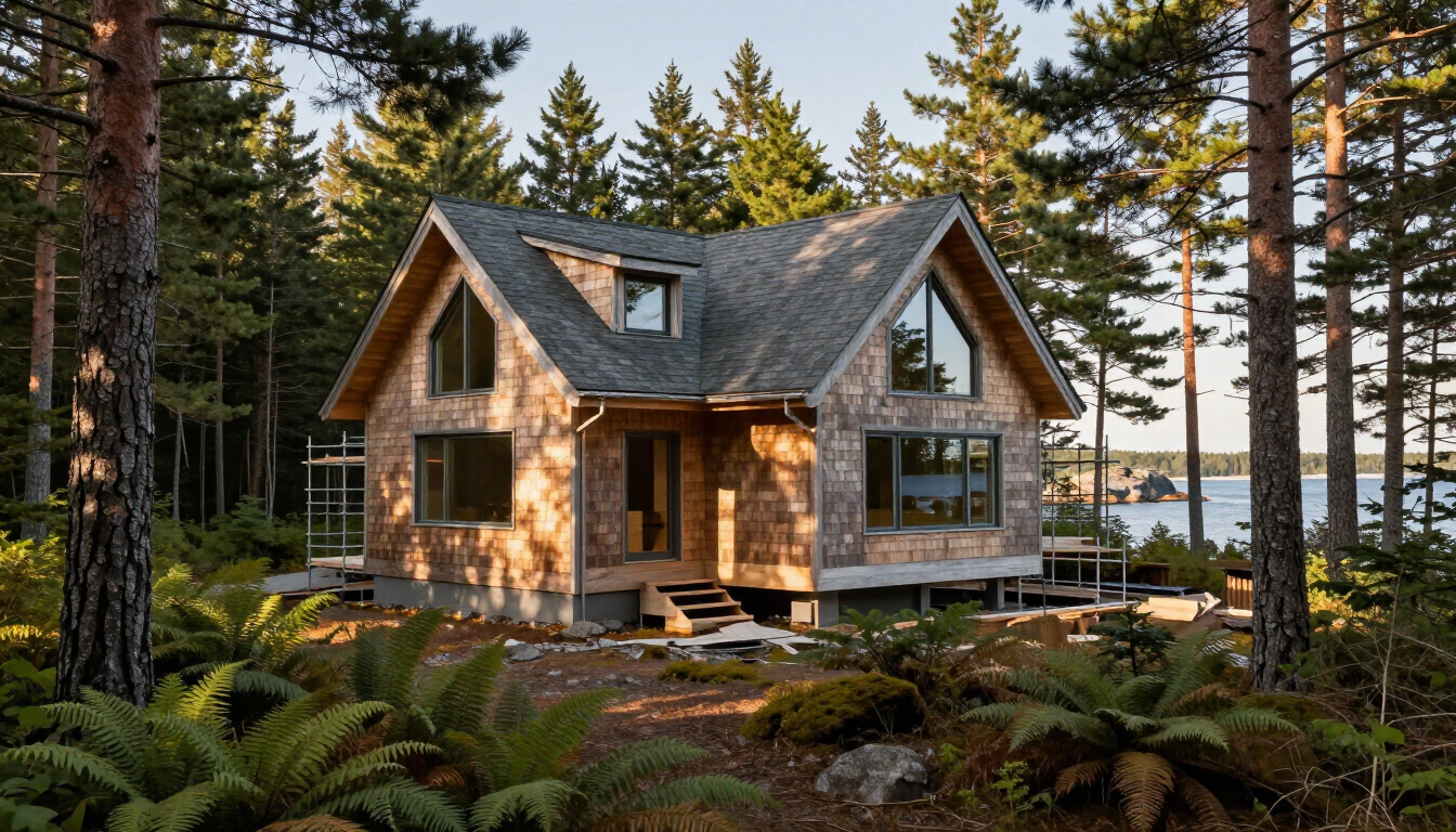 New custom home construction site in Midcoast Maine with scenic coastal backdrop.