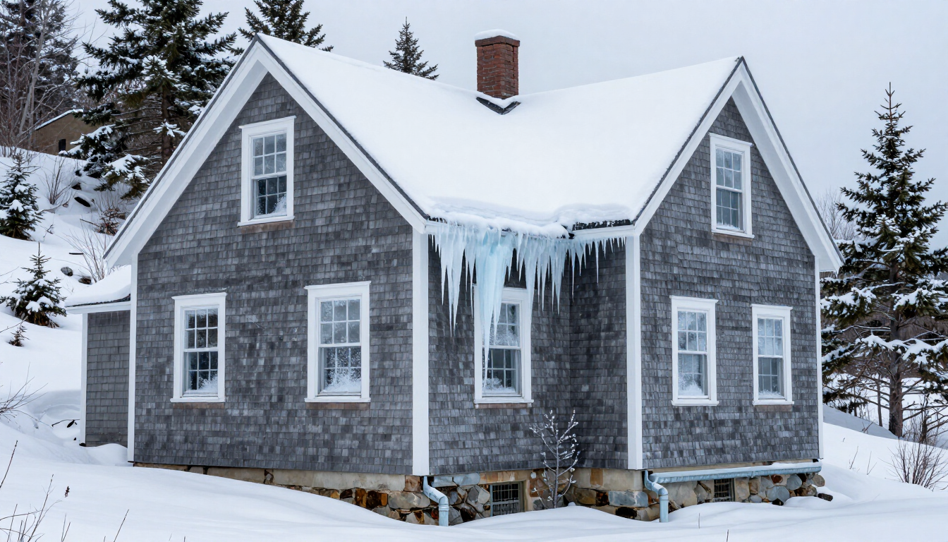 Ice dams on Maine homes along a snow-covered roof