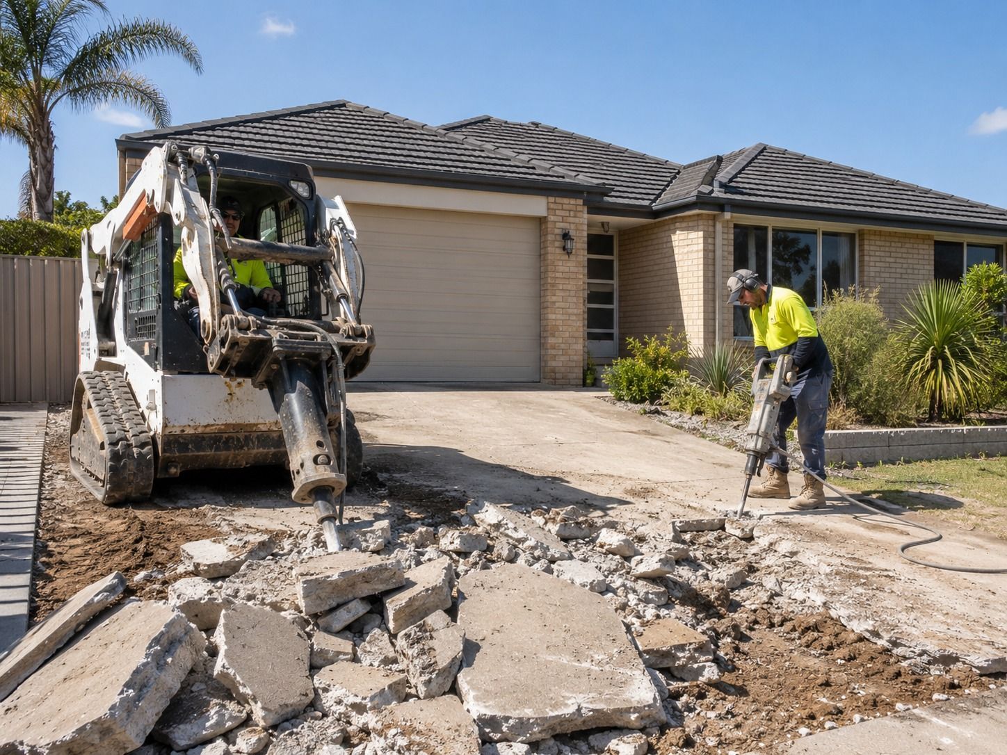 Construction crew repairing a damaged driveway outside a suburban house, with an excavator and worker nearby
