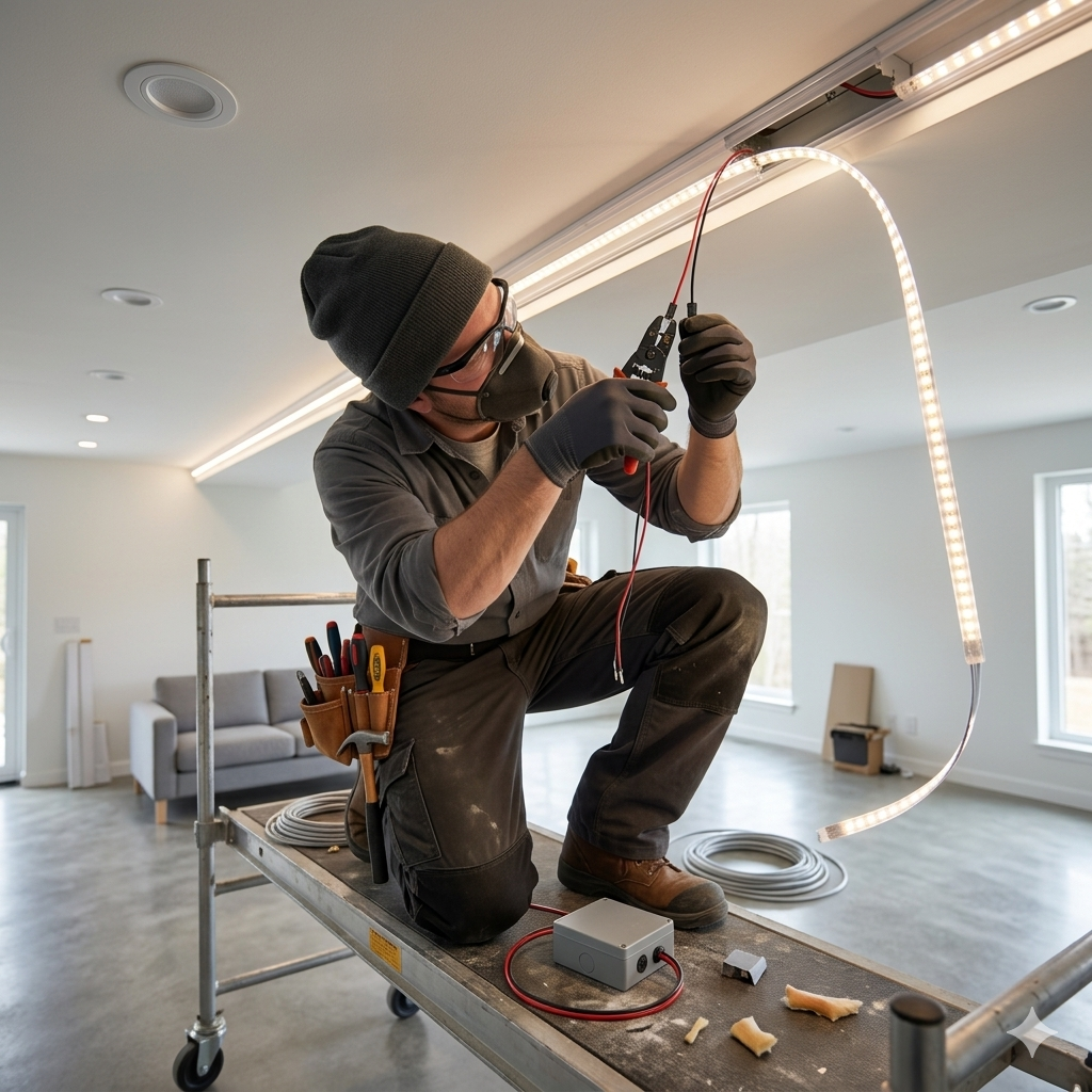 Electrician kneeling on a scaffold, working on LED strip lighting in a bright room