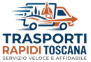 Logo di Trasporti Rapidi Toscana: furgone bianco e arancione con skyline toscano, testo blu e arancione.