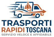 Logo di Trasporti Rapidi Toscana: furgone bianco e arancione con skyline toscano, testo blu e arancione.