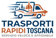 Logo di Trasporti Rapidi Toscana: furgone bianco e arancione con skyline toscano, testo blu e arancione.