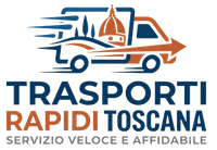 Logo di Trasporti Rapidi Toscana: furgone bianco e arancione con skyline toscano, testo blu e arancione.