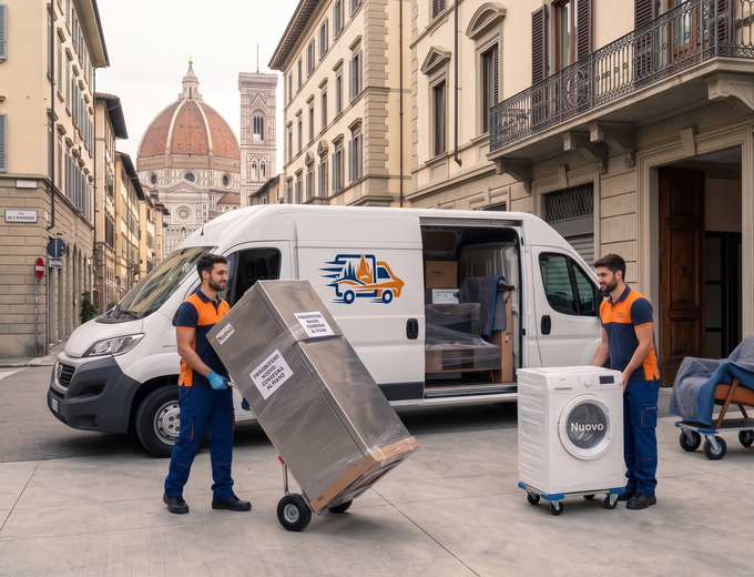 Due traslocatori scaricano elettrodomestici da un furgone in una via cittadina, con un edificio a cupola sullo sfondo.