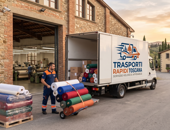 Un operaio scarica dei tappeti arrotolati da un camion bianco all'esterno di un magazzino al tramonto.