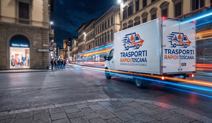 Scena notturna di strada con furgoni per le consegne in rapido movimento e scie luminose in una piazza cittadina.