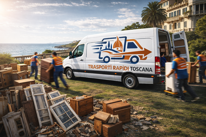 Operai scaricano scatole da un furgone della Trasporti Rapido Toscana vicino all'hotel sul mare.