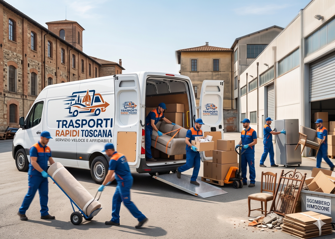 Alcuni operai scaricano scatole da un furgone bianco della Transporti Rapid Toscana in una strada tra edifici in mattoni.