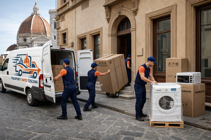 Traslocatori caricano scatole ed elettrodomestici da un camion bianco in una stretta strada acciottolata vicino a edifici storici.