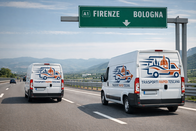 Due furgoni di servizio bianchi percorrono un'autostrada sotto un cartello stradale verde Firenze-Bologna.