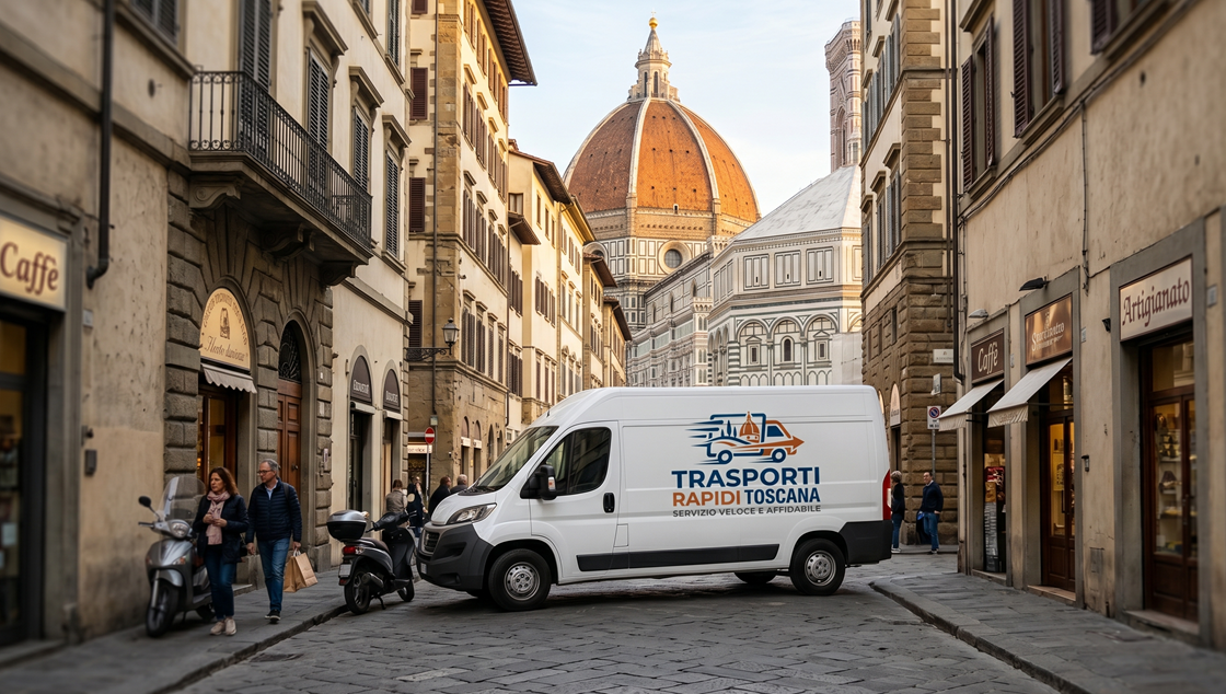 Un furgone bianco per le consegne su una stretta strada acciottolata con la cupola del Duomo di Firenze sullo sfondo.