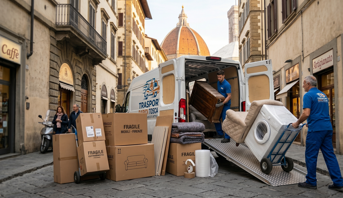 Un furgone bianco per le consegne su una stretta strada acciottolata con la cupola del Duomo di Firenze sullo sfondo.