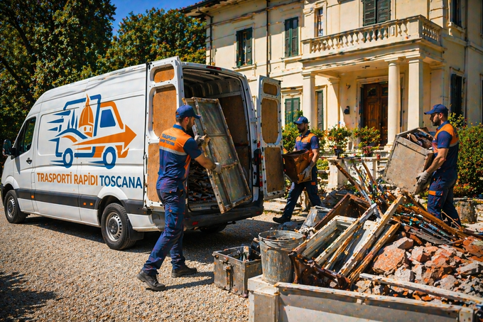 Gli operai caricano detriti su un furgone fuori da una casa danneggiata
