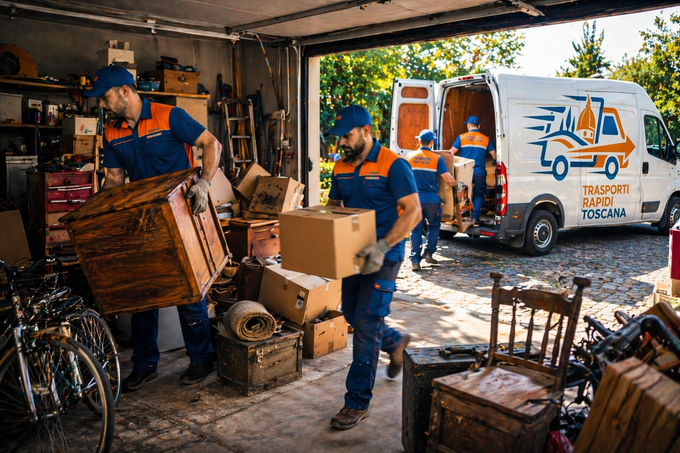 Due traslocatori in uniforme arancione trasportano scatoloni in un garage accanto a un furgone bianco per traslochi.