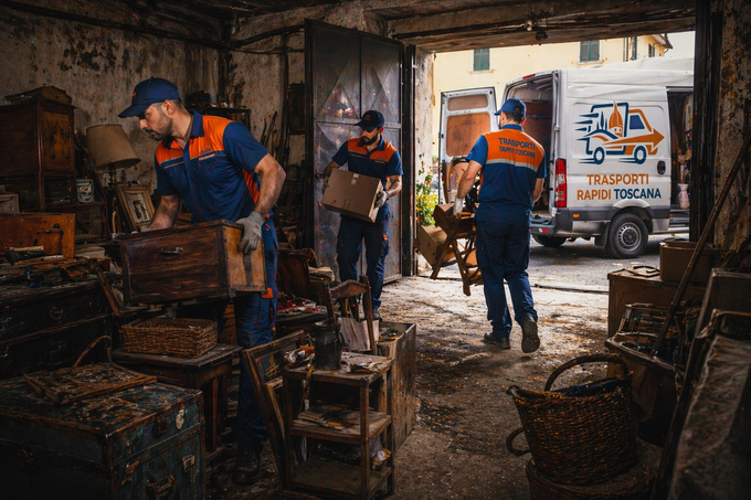 Tre operai in uniforme arancione e blu scuro smistano rottami metallici all'interno di un'officina industriale ingombro di oggetti.
