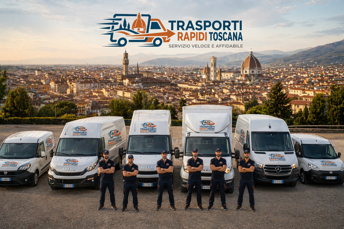 Flotta di furgoni bianchi per le consegne con autisti davanti, sotto il logo Trasporti Rapidi Toscana con lo skyline della città sullo sfondo.