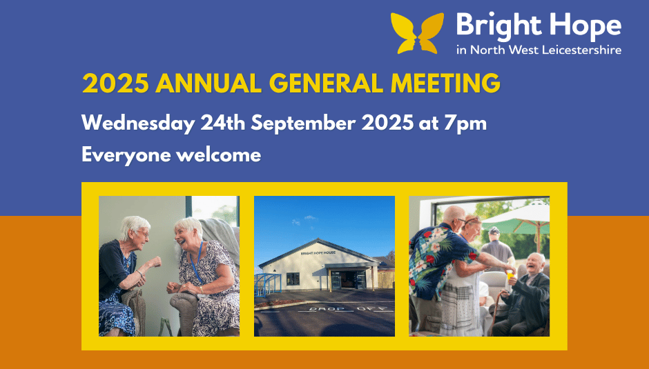 Bright Hope church annual general meeting poster, Wed 24 Sept 2025 at 7pm, with three event photos on blue and orange background