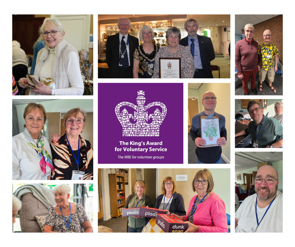 Collage of award recipients at a ceremony, with a purple “King’s Award for Voluntary Service” plaque in the center