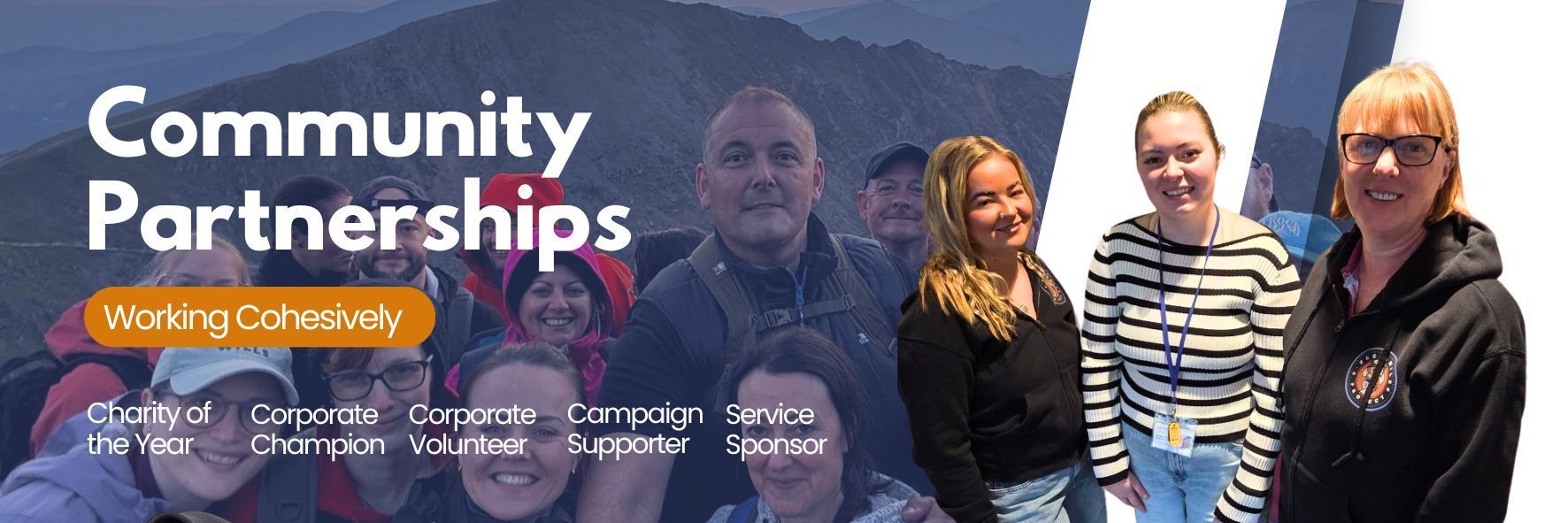 Community Partnerships banner with four people standing outdoors by mountains and a lake, text overlay on left.