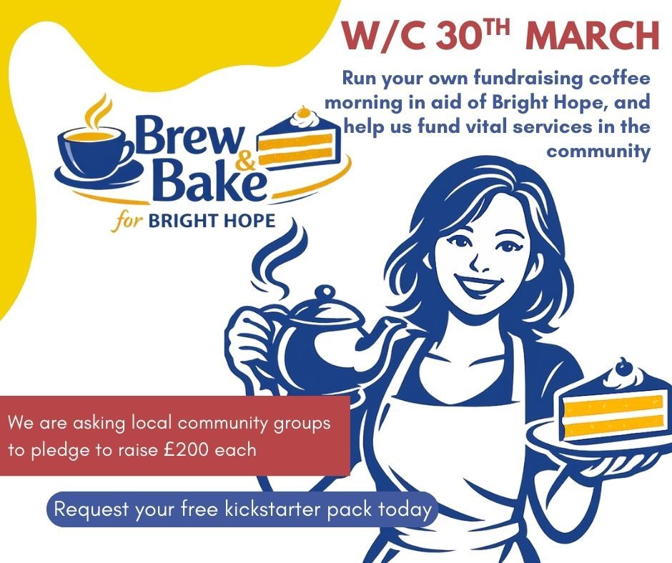 Brew & Bake fundraiser poster with a woman holding a cake, blue and yellow design, March 30th event details