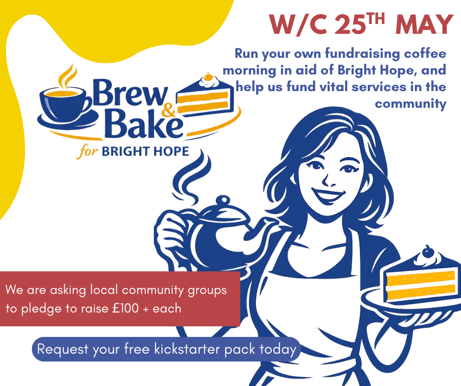 Blue-and-gold Brew & Bake charity poster with cakes, coffee, and text for Big Hairy Breakfast, W/C 25th May