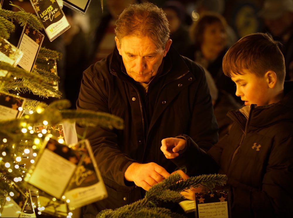 Two people browsing small plants at a warmly lit market stall at night