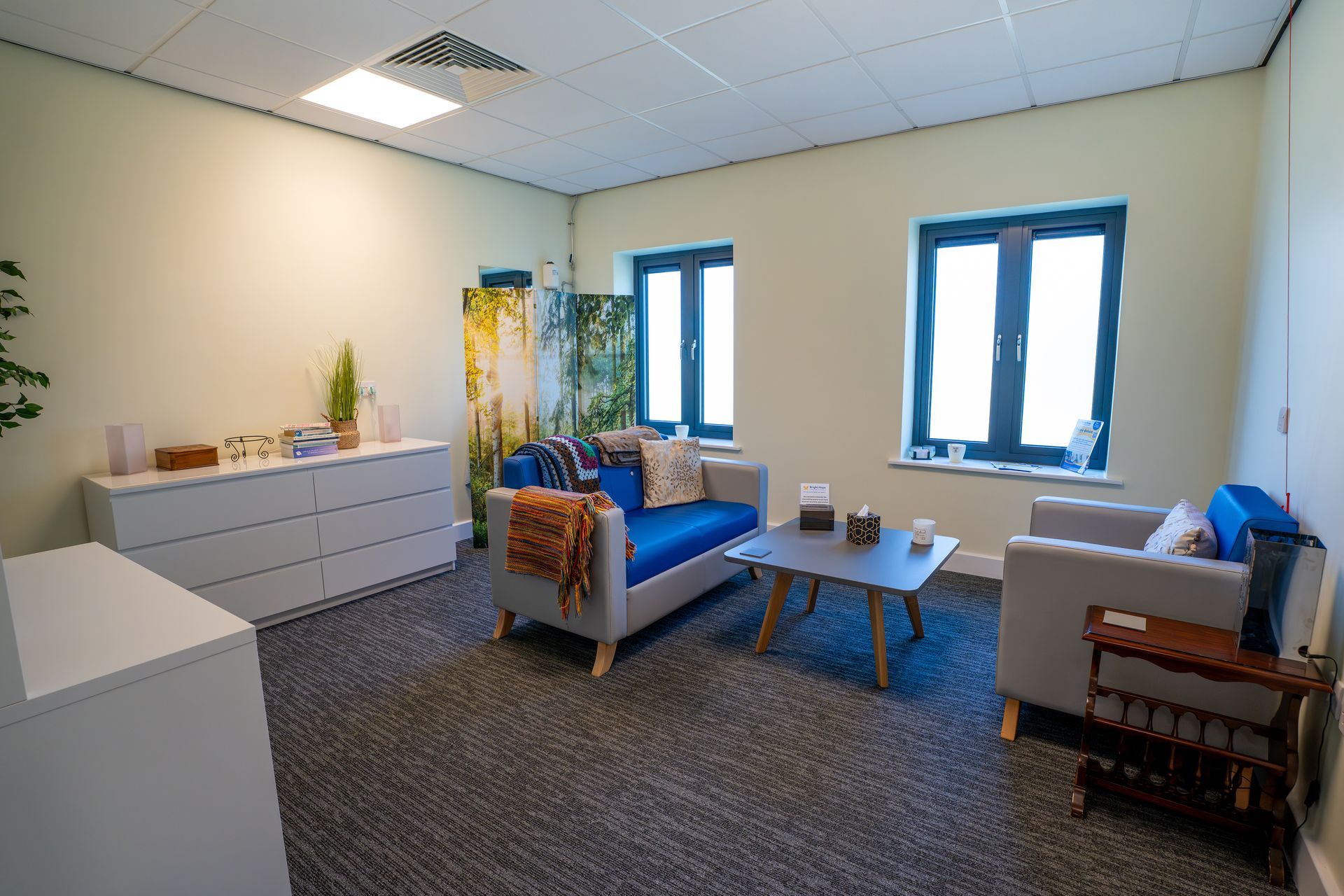 Bright office lounge with blue sofa, white chairs, coffee table, and two windows