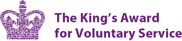 Purple crown logo with text “The King’s Award for Voluntary Service”