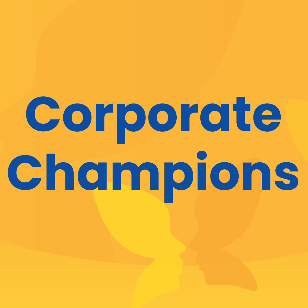 Corporate Champions text in blue on a bright yellow-orange background with a faint trophy silhouette