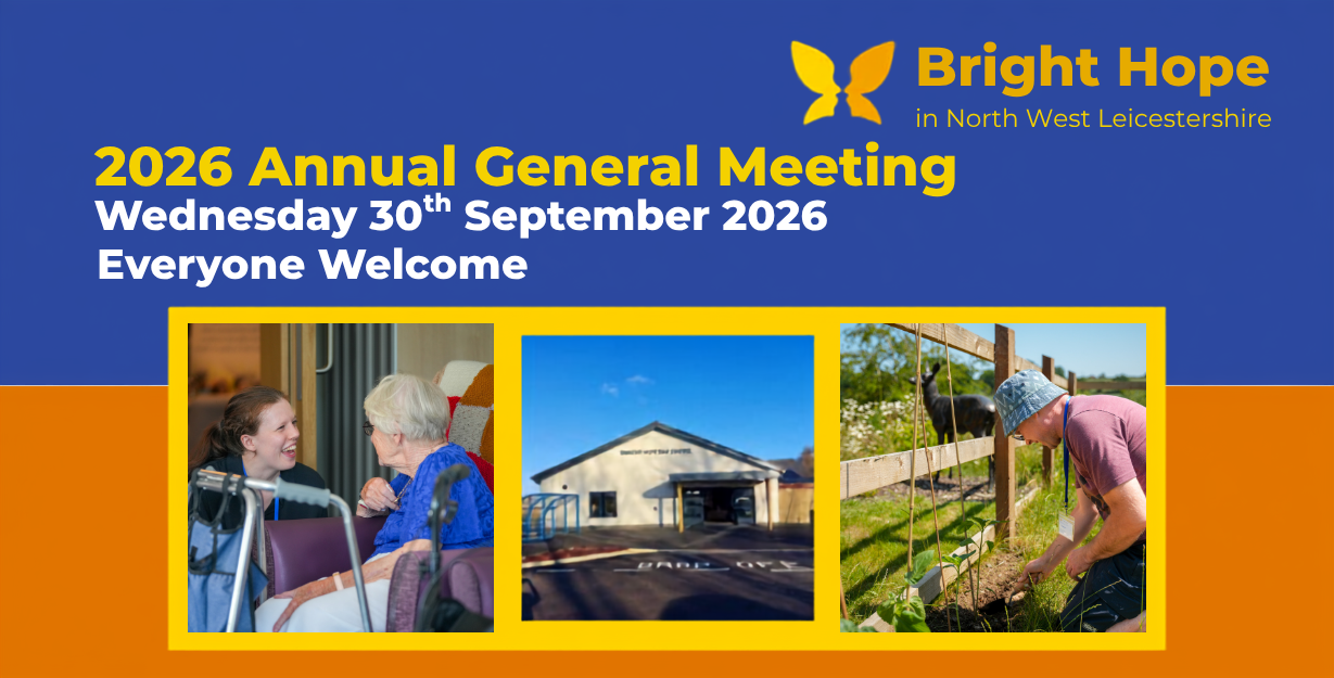 Bright Hope annual general meeting poster, blue and gold with meeting date, time, and three photos below
