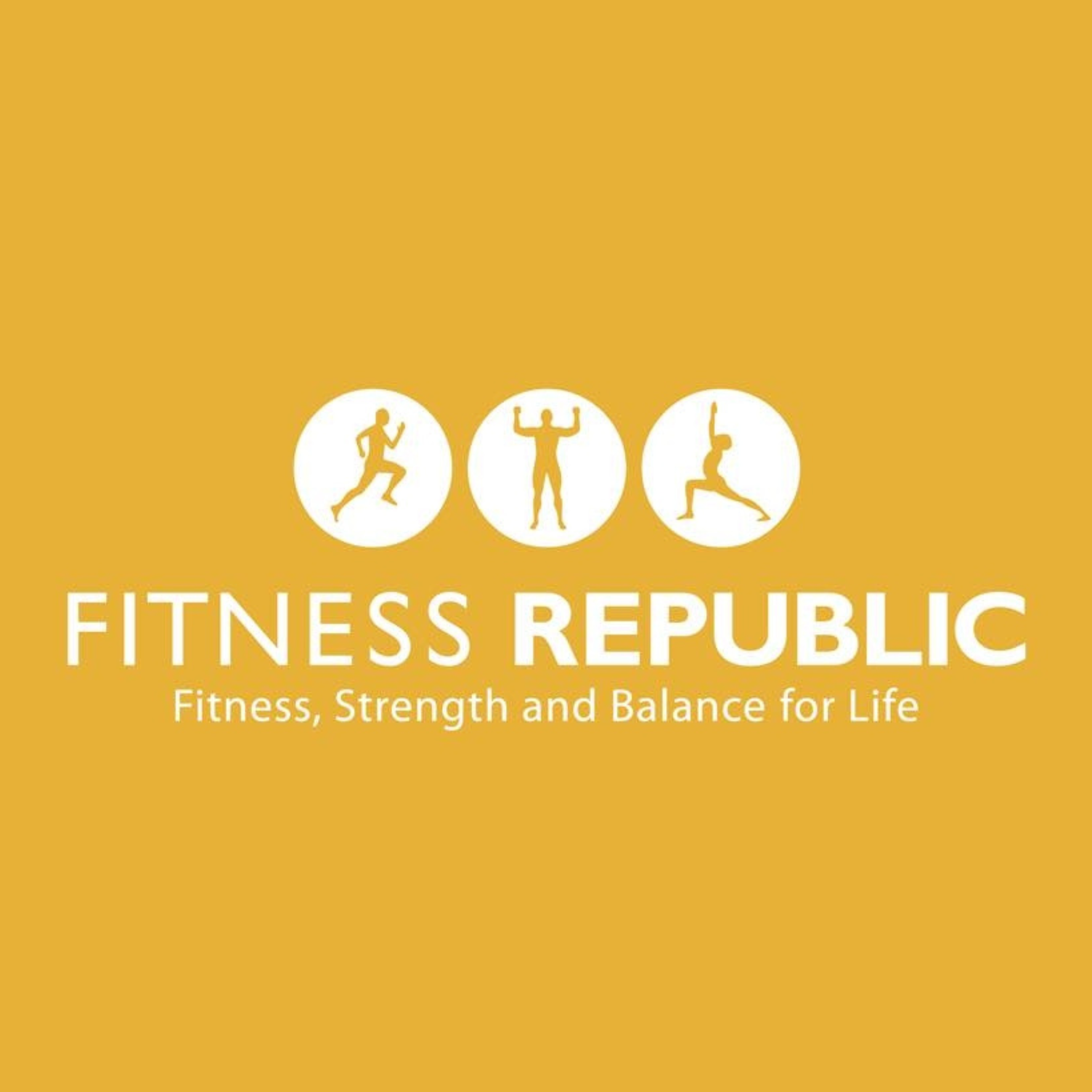 Fitness Republic logo on orange background with three white fitness icons and tagline “Fitness, Strength and Balance for Life”