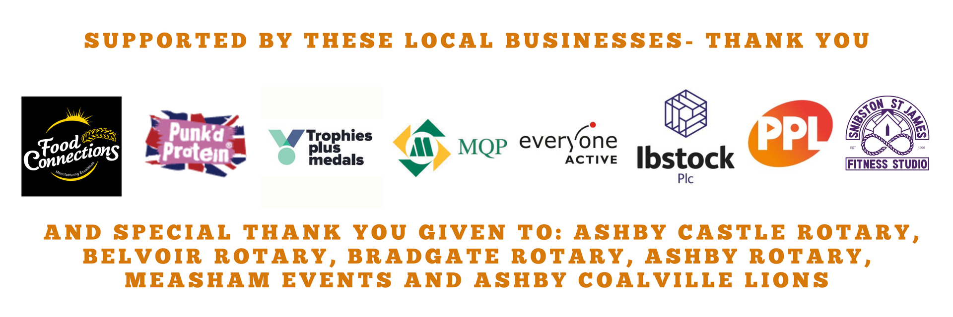 Sponsor banner thanking local businesses, with multiple logos on a white background and gold text listing several Rotary clubs.
