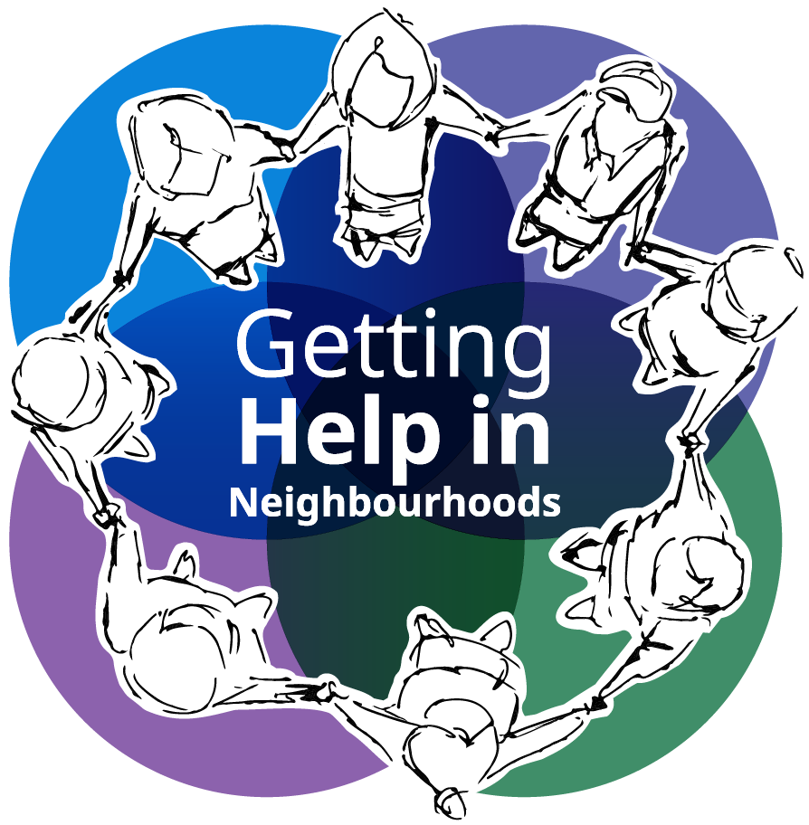 Logo with people holding hands around the words “Getting Help in Neighbourhoods” on blue, green, and purple circles