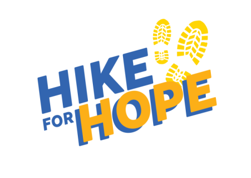 Hike for Hope logo with blue and yellow text and yellow footprints