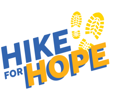 Blue and orange “Hike for Hope” text with yellow footprints on a white background