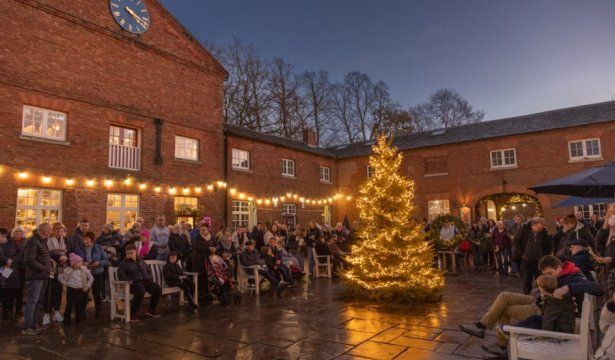 Crowded brick courtyard at dusk with a lit Christmas tree and festive string lights