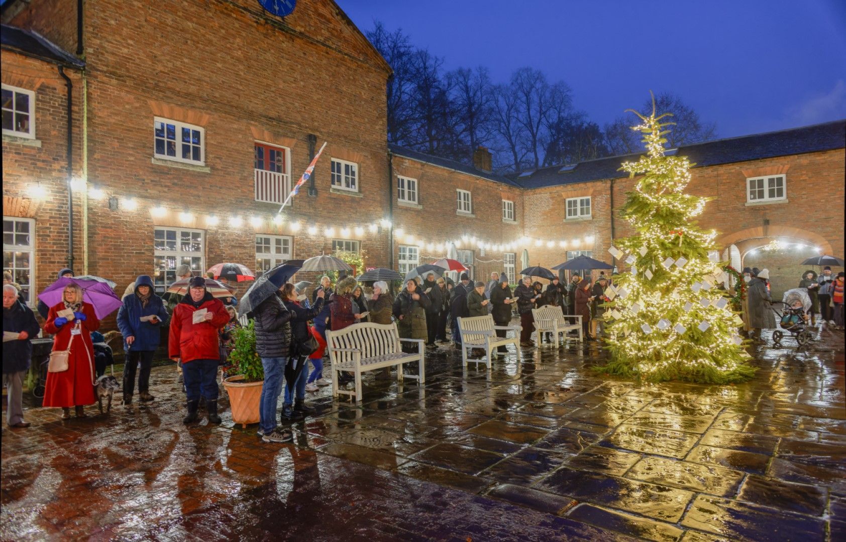 Rainy winter courtyard with lit Christmas tree, string lights, and people gathered under umbrellas