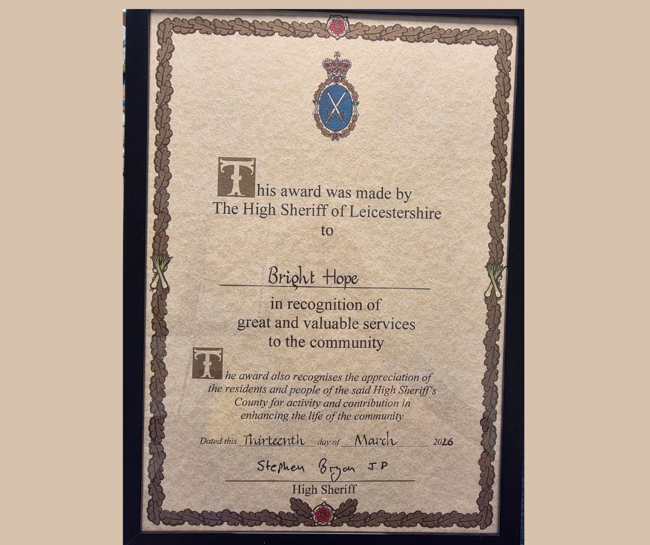 Framed award certificate with ornate border and blue medallion at top, honoring a service project.