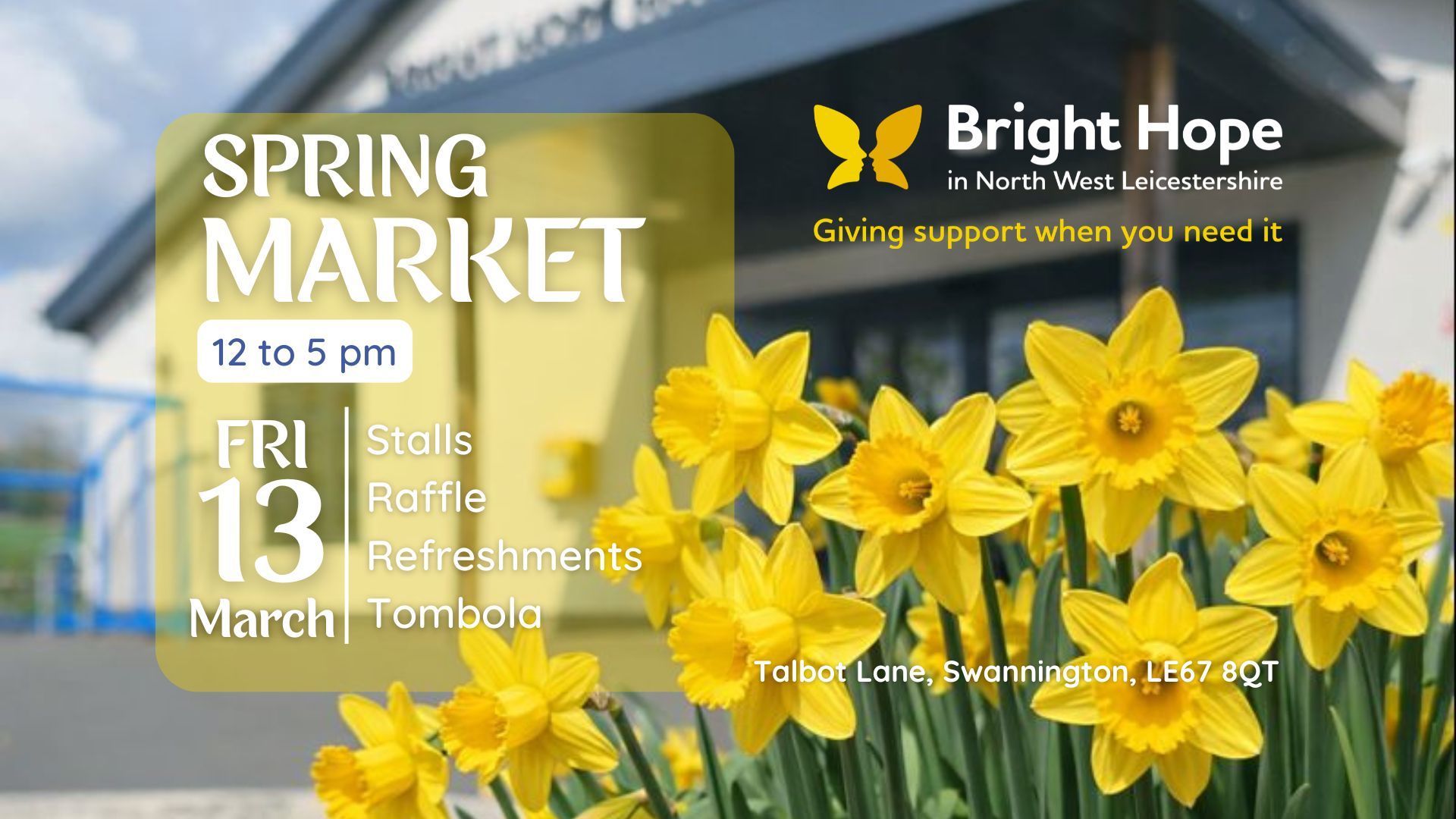 Spring Market flyer with yellow daffodils and Bright Hope logo, March 13 from 12 to 5 pm.