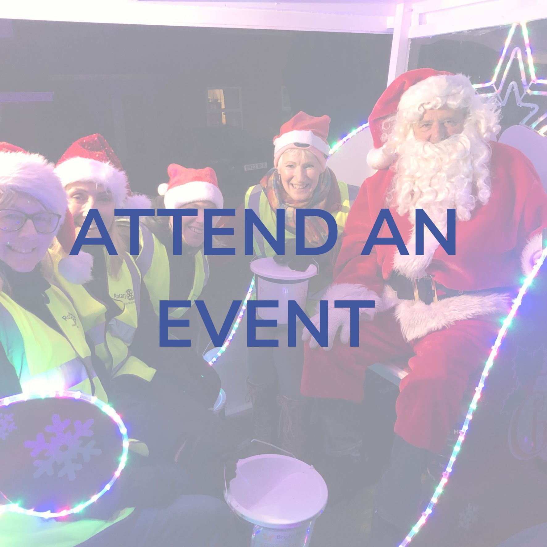 Santa and people in festive hats smiling at a holiday event with “ATTEND AN EVENT” text overlay.