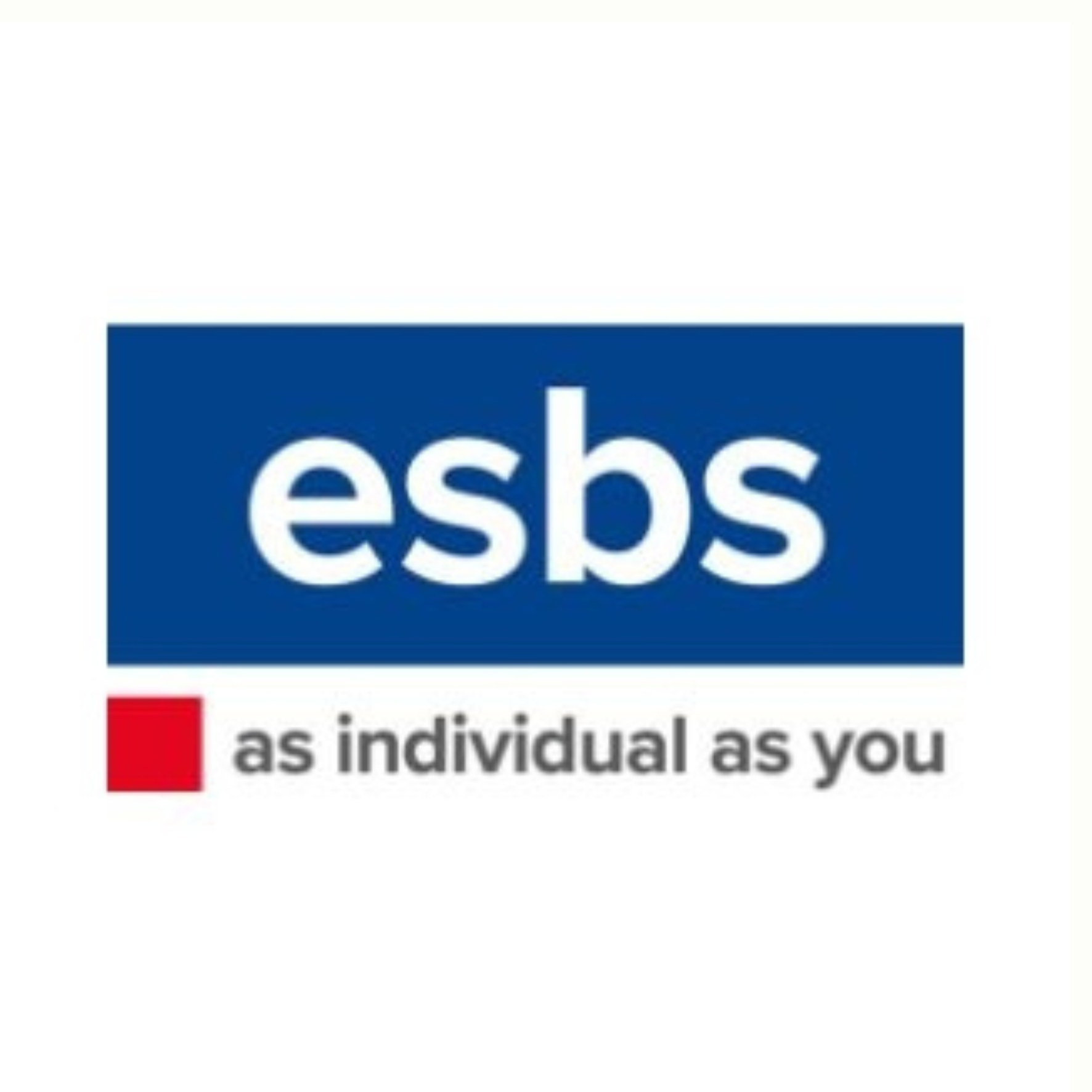 ESBS logo in white on a blue rectangle with the tagline “as individual as you” and a small red square