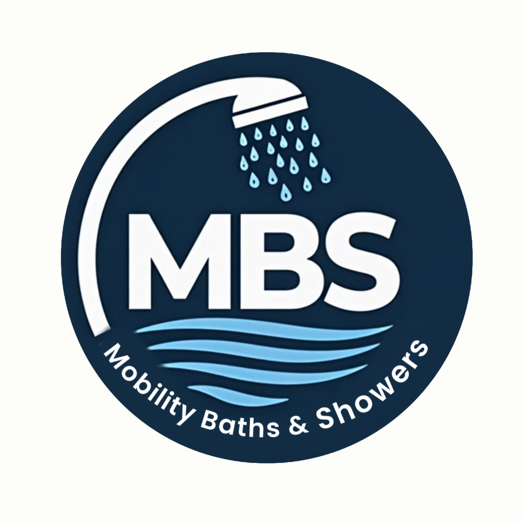 MBS Mobility Baths & Showers logo with blue showerhead, water drops, and wave lines